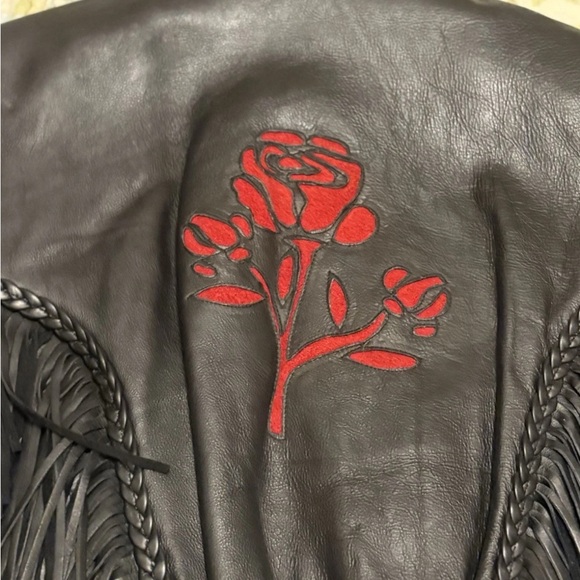 Women’s Black Fringe Leather Biker Motorcycle Jacket Rose Pattern Size Large - Picture 14 of 14